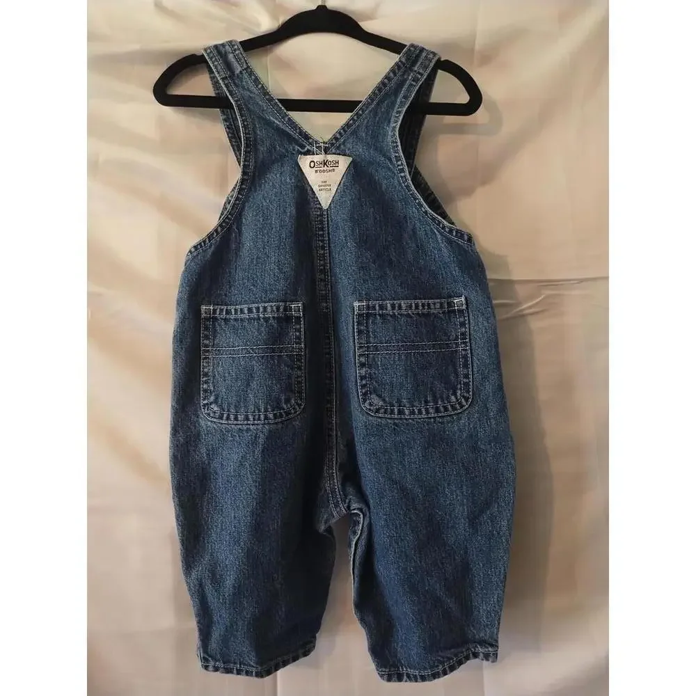 Vtg OSHKOSH B'GOSH 18M Baby OVERALL Bib Denim VestBak Blue Denim Pink‎ Logo Snap